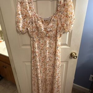 Floral Puff-Sleeve Maxi Dress in Cream and Orange